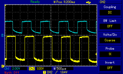 One pulse compared between ZX Spectrum measured at ULA and ZX Spectrum +2 measured at TAPE/SOUND socket.