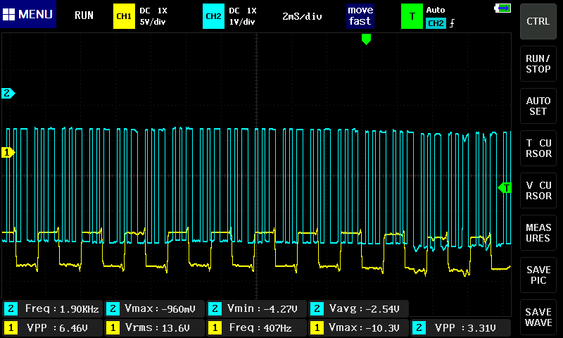 Shift-out in action. Once programmed and given clock signal (yellow line), the 6522 outputs a pulse train continuously (blue line).