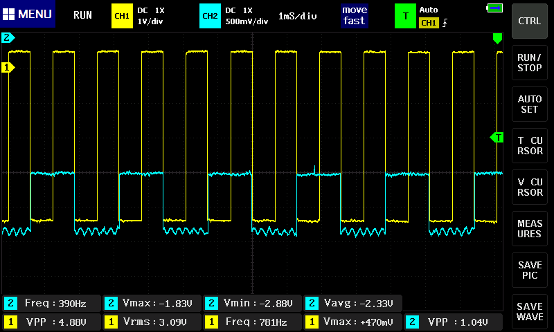 Frequency before (yellow) and after (blue) Lisa's amplifier circuit.