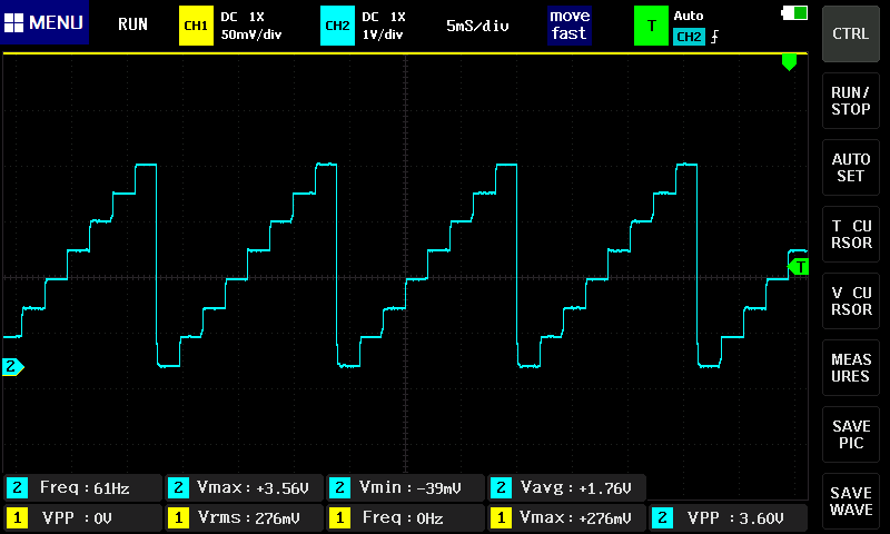 Stairway pattern generated by a resistor ladder. Three bits of digital resolution result in 8 distinct analog levels which can be put in any shape. In this case, the reference voltage was Arduino's digital pins themselves (resulting in voltage levels from ~0V to ~4V), and the delay between changes was 2ms.