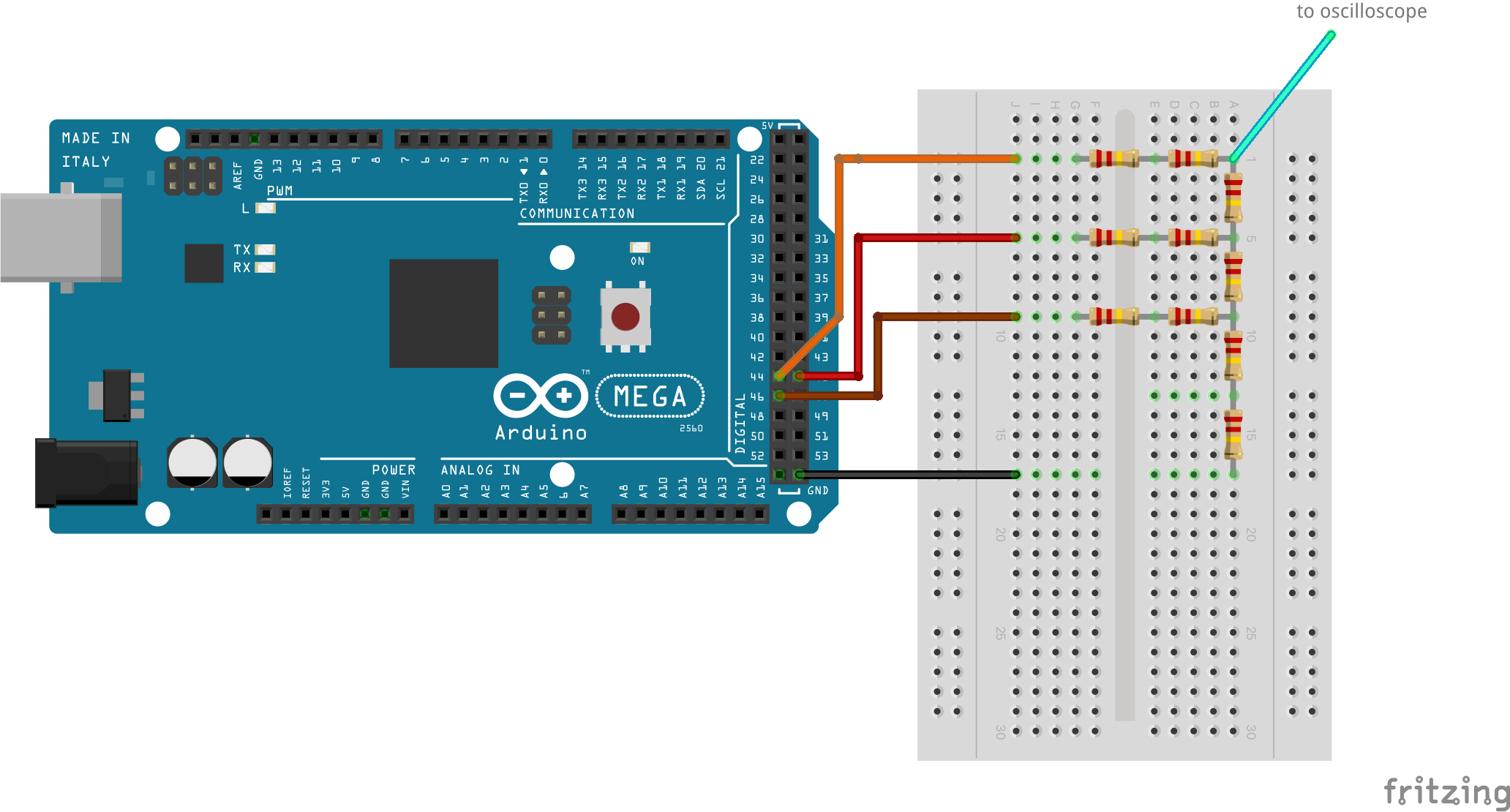 Simple digital to analog converter: resistor ladder. For each step, the ladder &qt;rungs&qt; must have twice the resistance of the resistors which connect them on the side. Here reference voltage is supplied by Arduino digital pins itself, but in real-world applications external reference voltage is used.